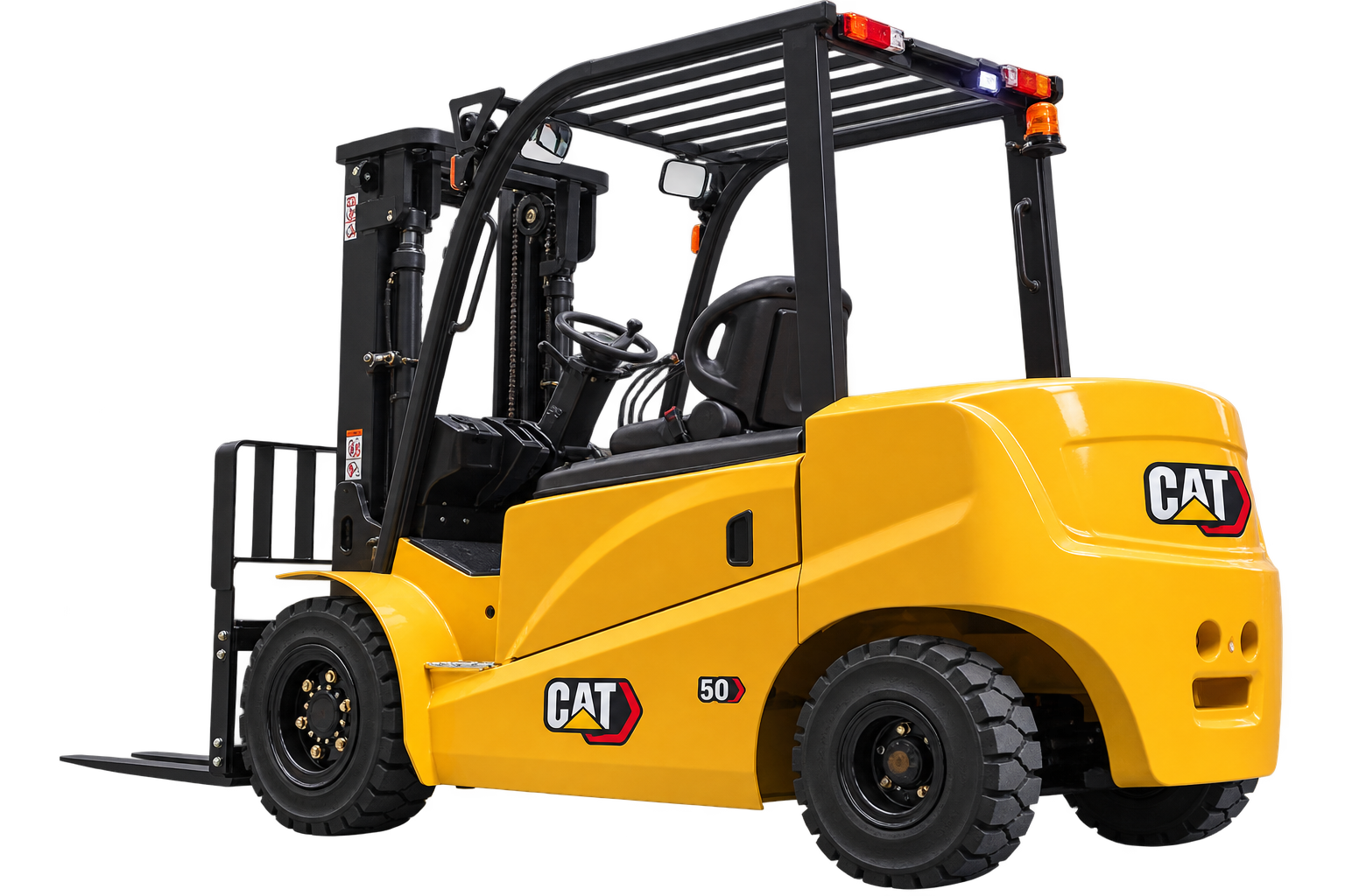Cat EP45–50 electric forklift, rear three-quarter view