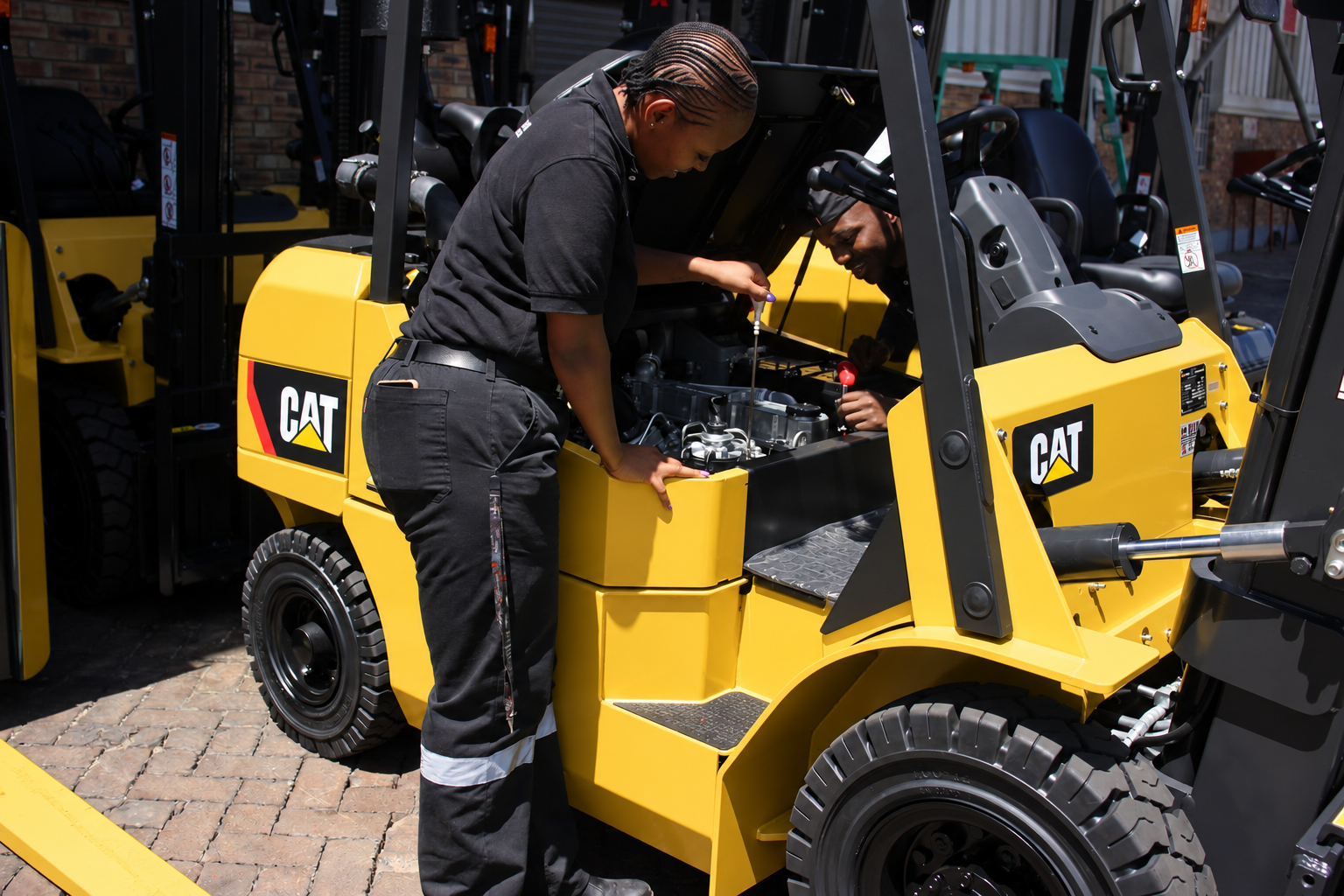 Two Masslift Africa technicians servicing a Cat forklift with its hood raised
