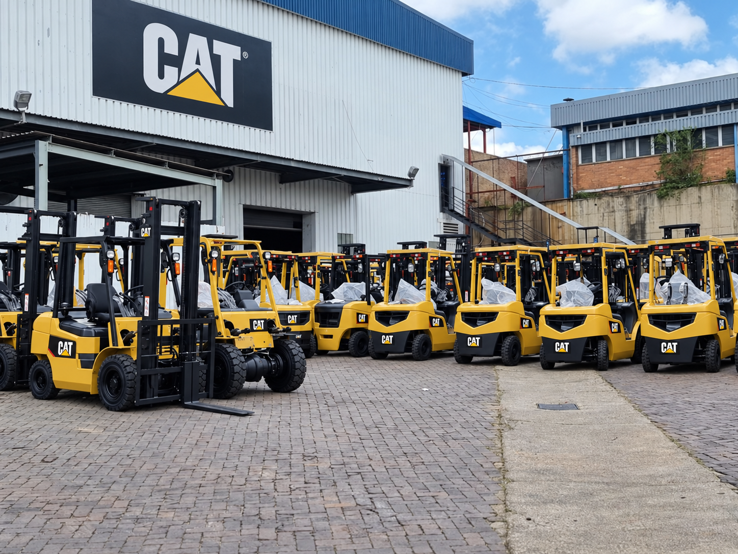 Row of Cat counterbalance forklifts parked at a Masslift Africa depot
